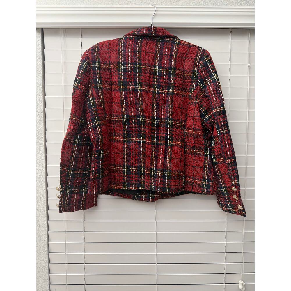 NWOT Red Plaid Tweed Blazer Gold Buttons Double Breasted Women XL - Picture 2 of 7